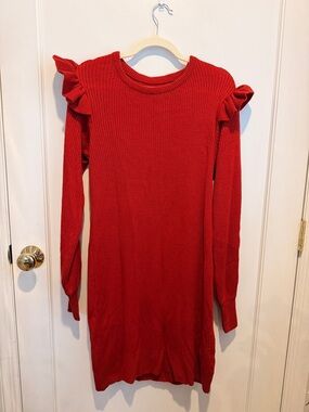 Red Ruffle-Shoulder Midi Knit Dress